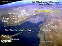 A photo map showing the path of Paul's first missionary journey.